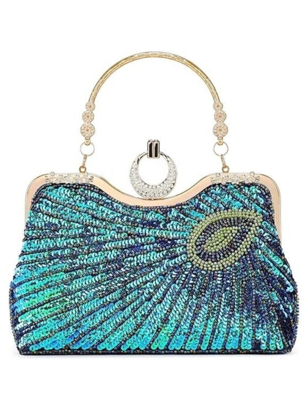Beaded Bag Sequin Peacock Evening Clutch Purse for Women Formal Evening Blue
